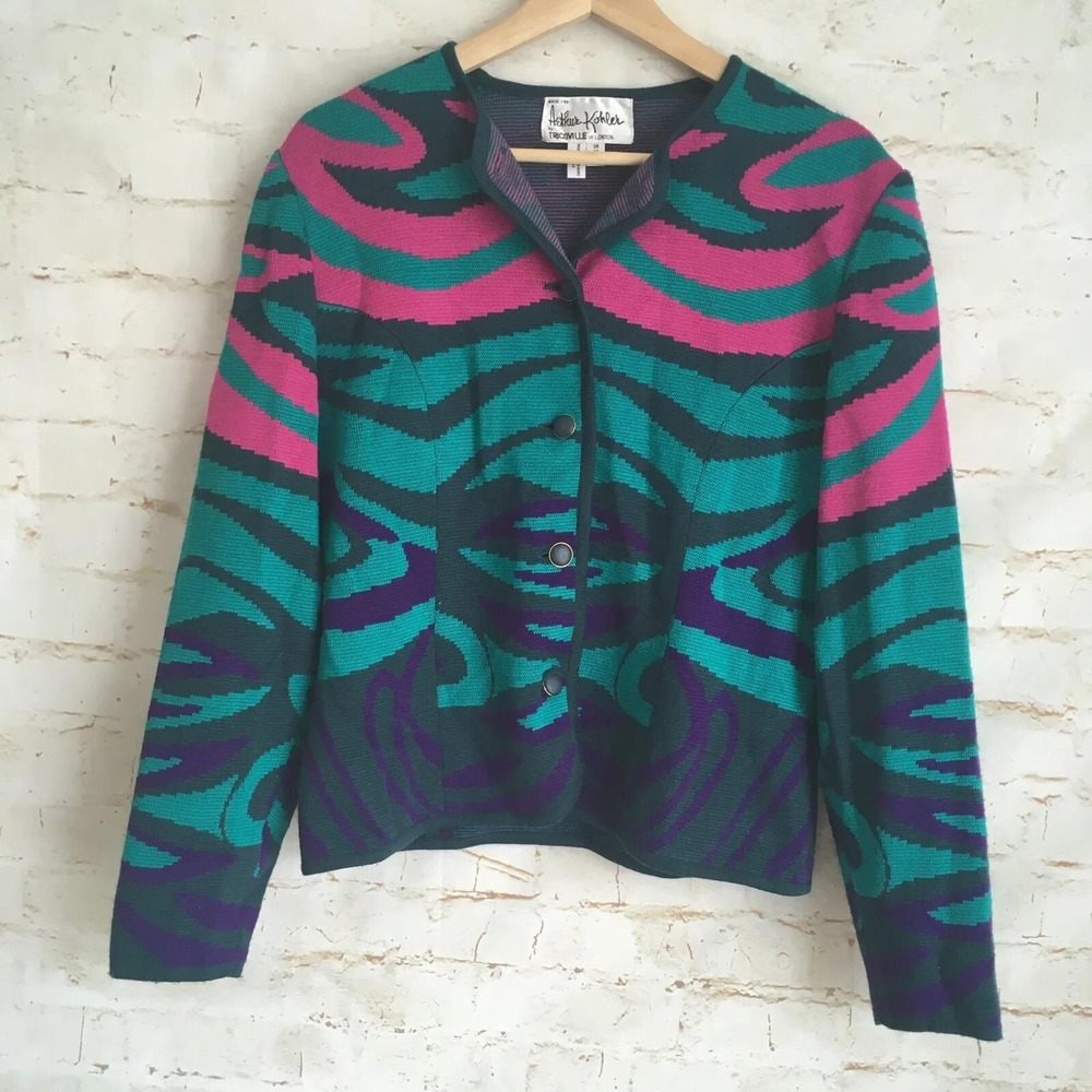 Vintage Arthur Kohler Women's Size 10 Green Pink Geometric Cardigan Sweater